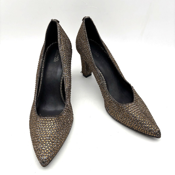 Michael Kors ABBI FLEX Bronze Glitter Rhinestone Block Pump Heels Women's 10M - Picture 2 of 16